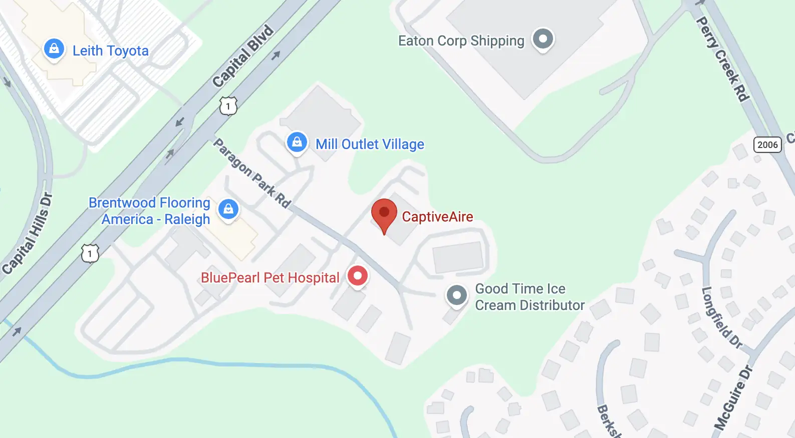 Map showing CaptiveAire's corporate office on Paragon Park Road in Raleigh, NC